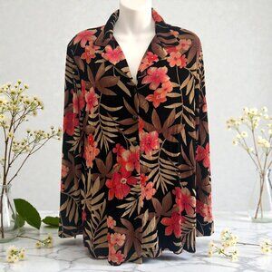 Vintage Dressbarn Y2K Floral Slinky Button-Front Blouse | Medium | Black & Coral